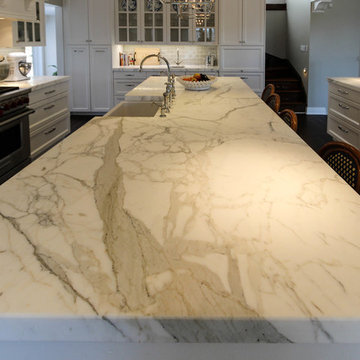 Great room/kitchen with white marble
