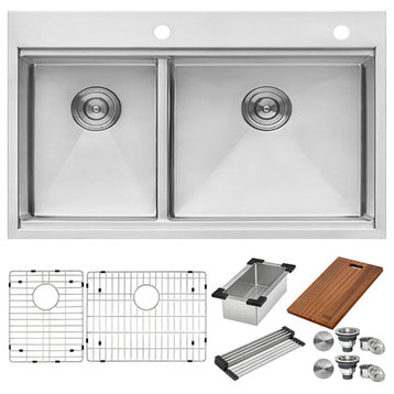 33x22" Workstation Drop-in 40/60 Double Bowl Kitchen Sink, RVH8036