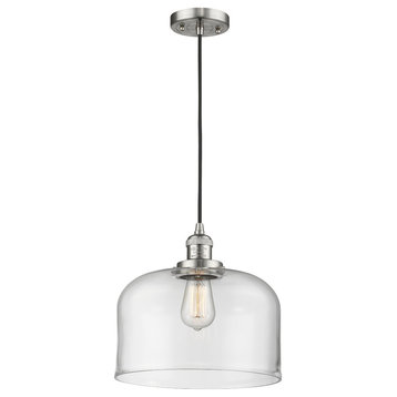 Large Bell 1-Light LED Pendant, Brushed Satin Nickel, Glass: Clear