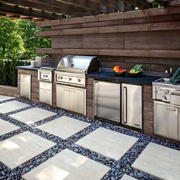 A Contemporary Rustic Backyard with Water Features