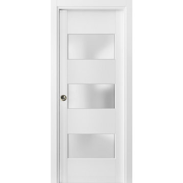 Sliding French Pocket Door 28 x 80 Frosted Glass 3 Lites, Lucia 4070 White Silk
