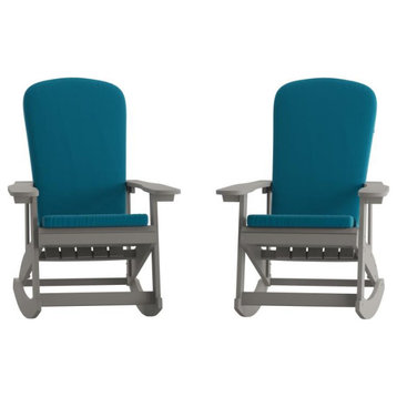 Savannah Set of 2 All-Weather Adirondack Rocking Chairs with Cushions, Gray/Teal