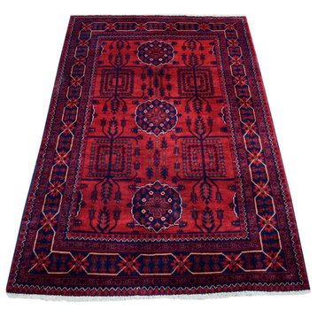 Deep and Saturated Red Afghan Khamyab Hand Knotted Soft Wool Rug, 3'4" x 5'1"