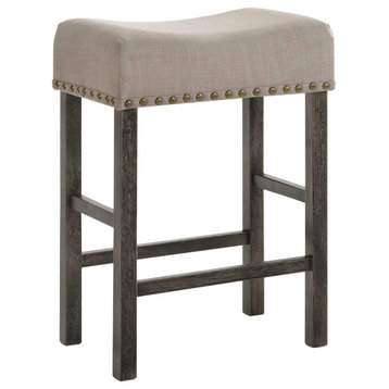 Wooden Counter Height Stool With Linen Saddle Seat, Set Of 2, Beige & Gray