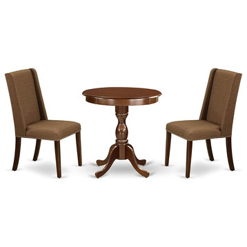 3 Pieces Dining Set, Round Mahogany Table & Brown Polyester Upholstered Chairs