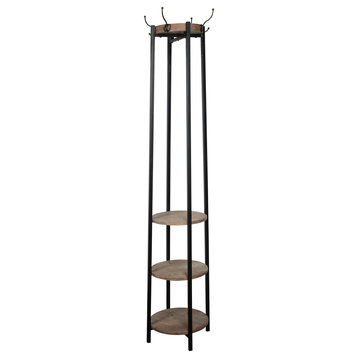 Four Hook Coat Rack With Three Shelves, Black, Brown Finish