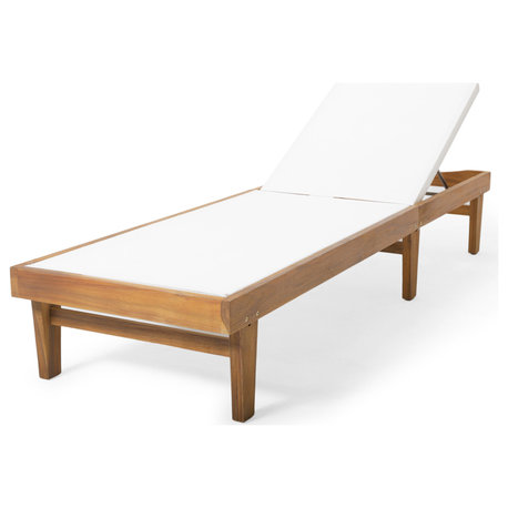 GDF Studio Della Outdoor Mesh Chaise Lounge With Acacia Wood Frame, Teak/White
