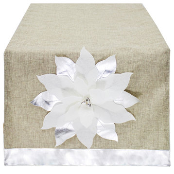 Holiday 3D Poinsettia Christmas Decorative Table Runner, Silver+white, 16"x83"