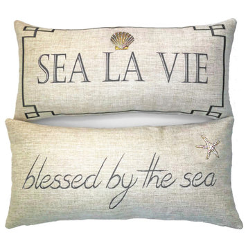 Sea la Vie Tan Coastal Doublesided Beach Pillow With Starfish and Shell Pins