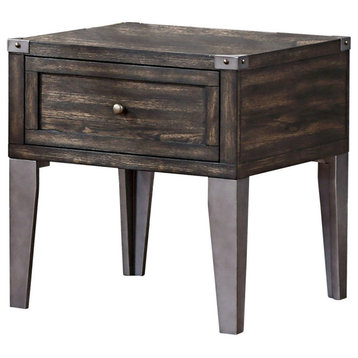 1 Drawer Wooden End Table With Metal Angled Legs, Brown