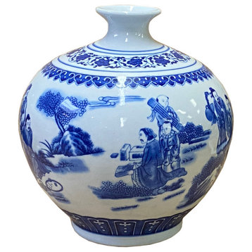 Chinese Oriental Blue White Porcelain Graphic Scenery Vase Hws2702