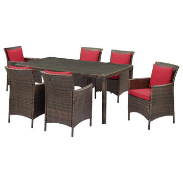 Side Dining Chair and Table Set, Rattan, Wicker, Brown Red, Modern, Outdoor