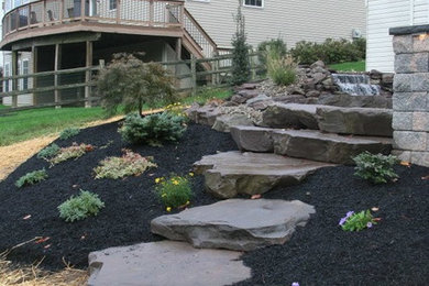 Modelo de jardín clásico en patio trasero con fuente, exposición total al sol y adoquines de piedra natural