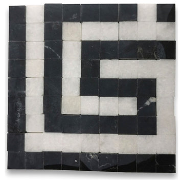 Greek Key Thassos White Nero Marquina Black Marble Mosaic Corner Tile, 1 piece