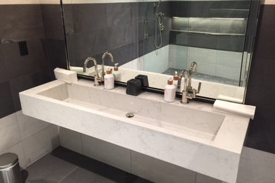 Custom quartz Vanity with integrated quartz sink - Made from scratch