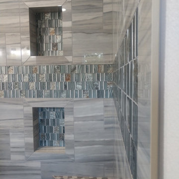Curbless Custom Tile shower, Vanity Backsplash, Tile Base Trim, Tile Floor, etc