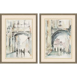 Paragon - Watercolor Arches I, Set of 2, Neutral - Soft watercolor street scenes feature hand applied gold lines on white matting. Framed in a silver leaf wood molding with small rope embossing.