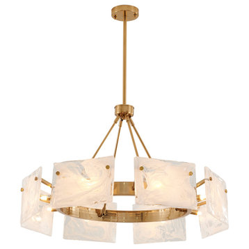 32" 8-Light Gold Metal Chandelier With White Stained Glass Shades