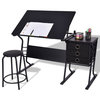 Modern Style Black Adjustable Drafting Table with Stool and Side Drawers