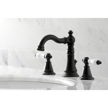 English Classic Bathroom Faucet, Curved Spout & Widespread Lever Handles, Black