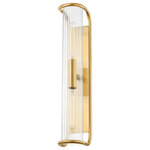 Hudson Valley - Fillmore 2-Light Wall Sconce, Aged Brass - Fillmore's ribbed glass shade is beautifully framed by a smooth metal framework that curves out from the wall at either end. Light flows through the clear glass shade and reflects beautifully off the metal backplate. This 1- or 2-light sconce is another perfect addition to a bath or powder room.