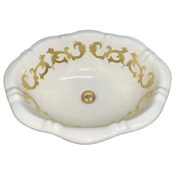 Hand Painted Sink "Jewells Scrolls" burnished gold on biscuit drop-in sink.