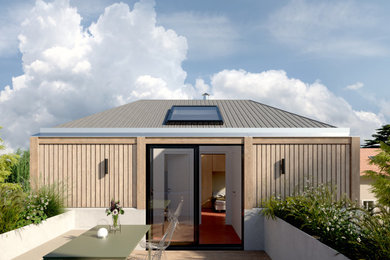 Diseño de patio minimalista de tamaño medio con huerto y entablado