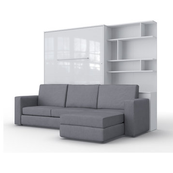 Invento Vertical Wall Bed, Sofa, Bookcase, Bed - White/White; Sofa - Grey