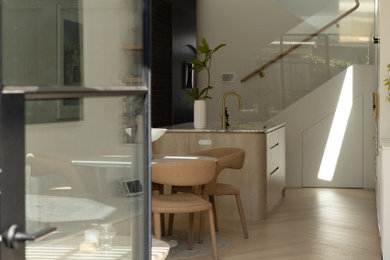 Inspiration for a mid-sized modern galley kitchen in Sydney with with island.