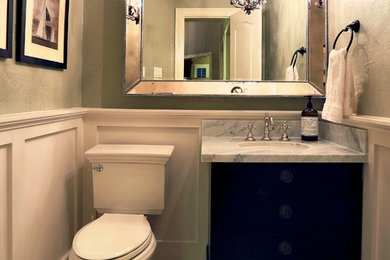Small eclectic 3/4 ceramic tile ceramic tile bathroom photo in Houston with an undermount sink, gray walls, marble countertops, furniture-like cabinets and dark wood cabinets