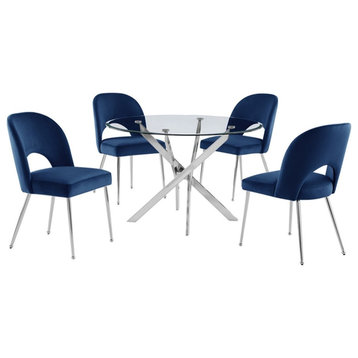 Round 45" x 45" 5pc Clear Glass Dinette Set with Navy Blue Chairs