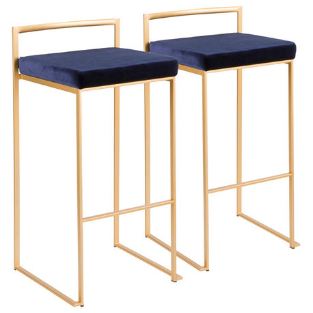 LumiSource Fuji Barstool, Gold With Blue Velvet, Set of 2