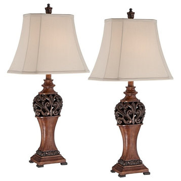 Charming Bronze And Wood Tone Finish Table Lamp, Set of 2