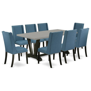East West Furniture V-Style 9-piece Wood Dining Set in Mineral Blue