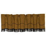 Paseo Road by HiEnd Accents - Barbwire Valance With Fringe - The Barbwire valance features neutral faux suede with chocolate embroidered barbwire detailing. Stylish faux suede fringe frames your window treatment in subtle western elegance. This valance is part of the larger Crosses ensemble which combines warm, neutral faux suede with copper embroidered crosses. Barbwire details finish the design creating a statement of western luxury.