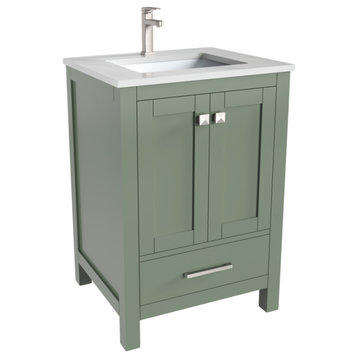 Matt White 24" Bathroom Vanity Cabinet and Sink Combo Solid Wood, No Backsplash, Green