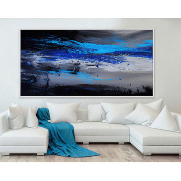 "Blue Sky" 72x36 IN Blue Black Large abstract painting Modern Wall Art Decor