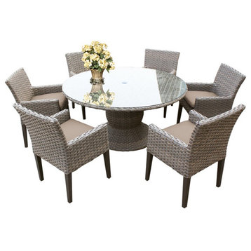 TK Classics Oasis 7 Pc Round Patio Wicker Dining Set w/ Cushions in Wheat