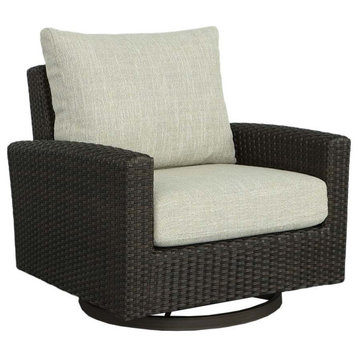 Tahiti Wicker Swivel Chair, Mahogany Brown/Gray-Beige Fabric