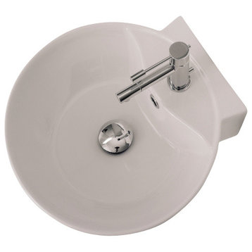Round White Ceramic Wall Mounted or Vessel Sink, One Hole