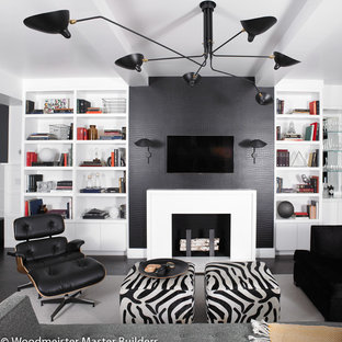 Immagine di un piccolo soggiorno design aperto con pareti bianche e parquet scuro