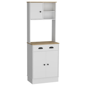 Powell Kitchen Pantry With 2 Cabinets, Open Shelves and Drawer, White/Macadamia