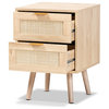 Lani Mid-Century Modern Light Oak Brown Wood and Rattan 2-Drawer Nightstand