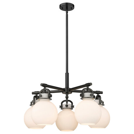 Newton Sphere, 5 Light 7" Stem Hung Chandelier, Matte Black, Matte White Glass