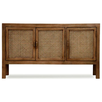 Rustic Sideboard, Hardwood Top With Rattan Patterned Cabinet Doors, Mango Wood