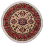 Bareens Designer Rugs - Rustic Kazak Smyth Ivory/Red Wool Round - 4'9'' x 4'11'' - Embellish your home with this exquisitely hand-knotted Super Kazak Rug made with the finest hand spun wool and all vegetable dyes. Demonstrating incredible attention to detail, this hand-knotted masterpiece features an intricate Super Kazak pattern in a classic color palette. Made in the Caucasian designs from Russia and the northern Persian empire, each Super Kazak incorporates distinctive tribal flavor with elements such as the stepped hooted polygons, geometrical medallions, animals and rosettes. The straight, clean lines and bold tones embody the weaving style of the Armenian and Afghani weavers known for these iconic designs. This magnificent rug featuring soft luscious pile and is made with handspun wool and natural dyes to produces soft luminous shades causing a beautiful sheen. With geometric designs and bold vibrant saturated colors predominately blues, reds, greens, and gold make a bold statement in any decor. The construction technique used ensures that the designs and colors Ae capable to withstand heavy traffic area.