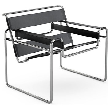 CRO Decor Black  Leather Club Chair Steel Frame Armchair