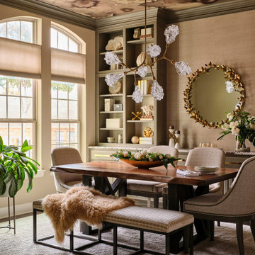 Sophisticated Dining Room with Painted Built-ins and Wallpapered Ceiling