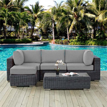 Modway Summon 5-Piece Aluminum and Rattan Patio Sectional Set in Canvas/Gray