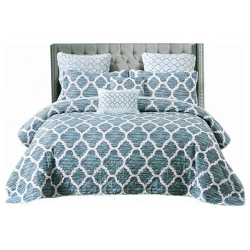 Honor Quilted 7 Piece Bed Spread Set, Blue, King